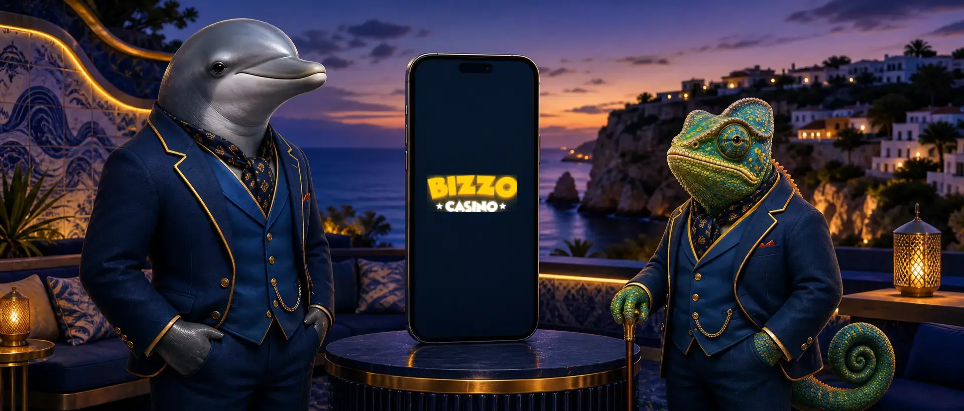 Aplicação Bizzo Casino com mascotes golfinho e camaleão no Algarve
