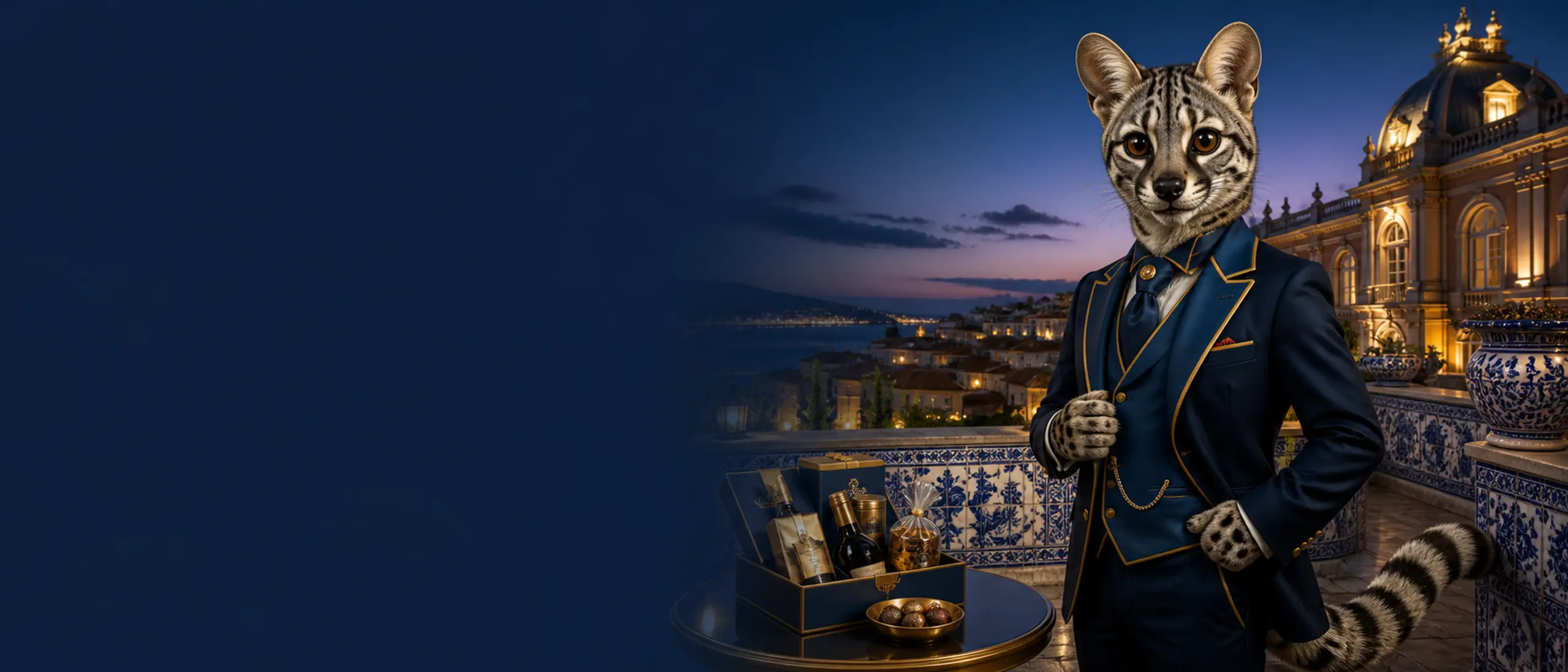 Bónus de boas-vindas com mascote gineta num terraço inspirado em Lisboa