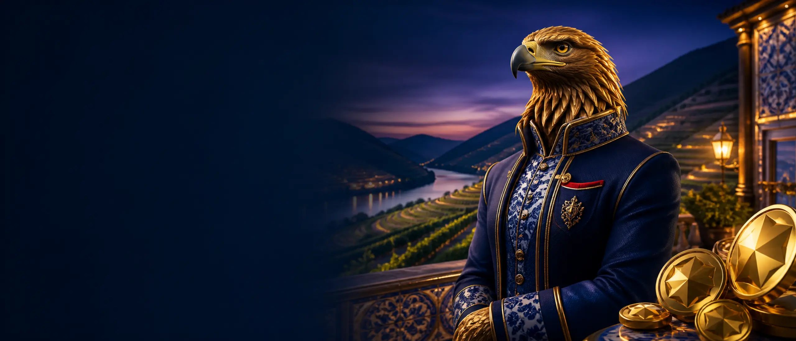 Bónus em cripto com mascote águia-real no vale do Douro