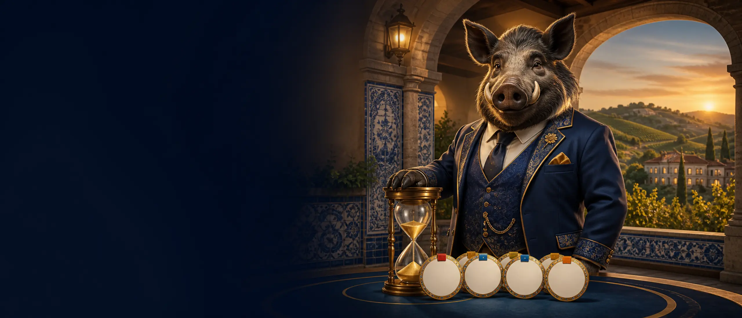 Bónus de recarga com mascote javali numa quinta portuguesa